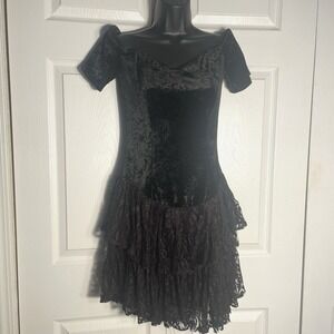 Vintage All That Jazz Dress Women Medium Black Velvet Lace Tiered 90s Whimsigoth